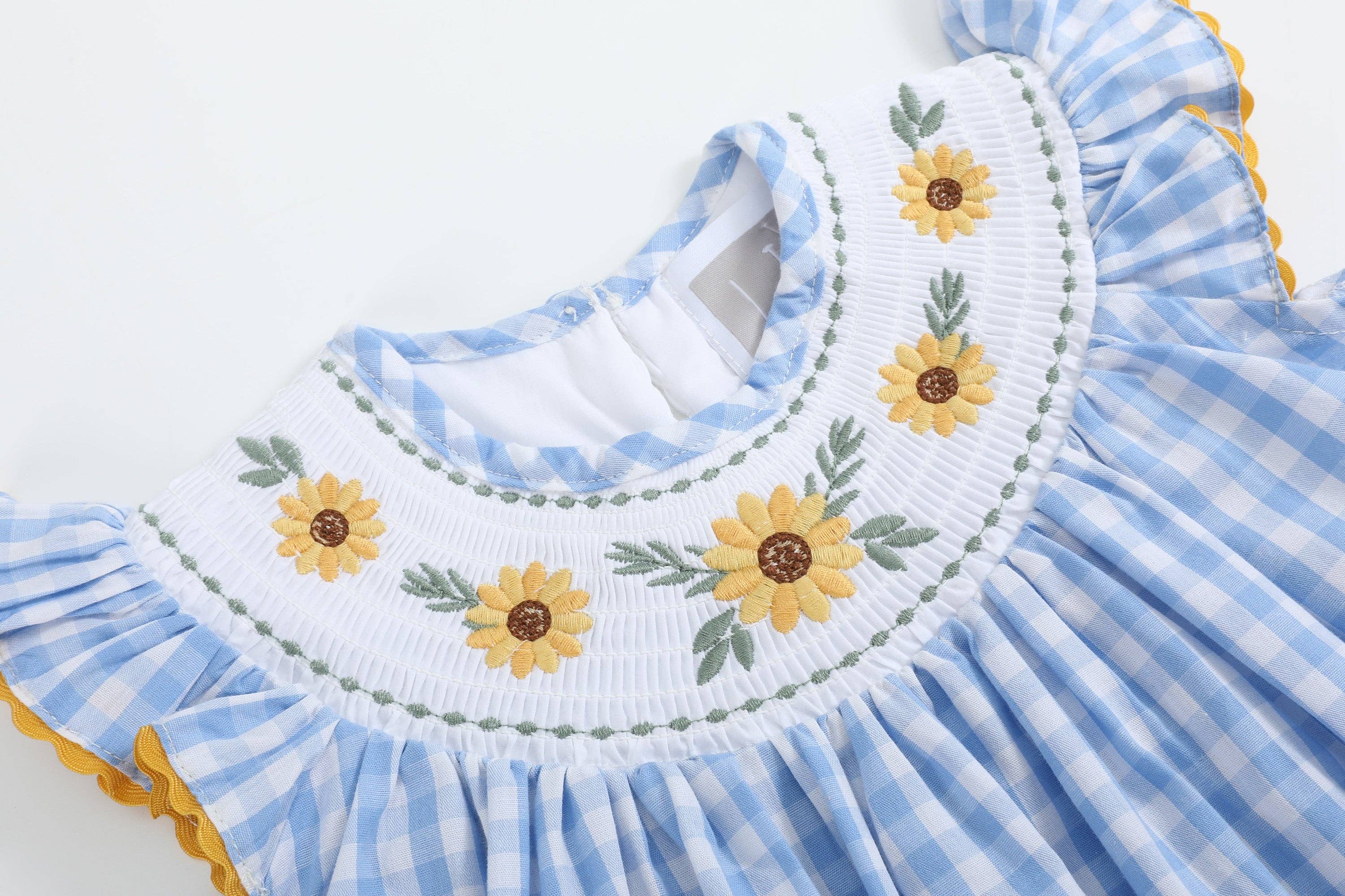 Blue Gingham Sunflower Smocked Bishop Dress
