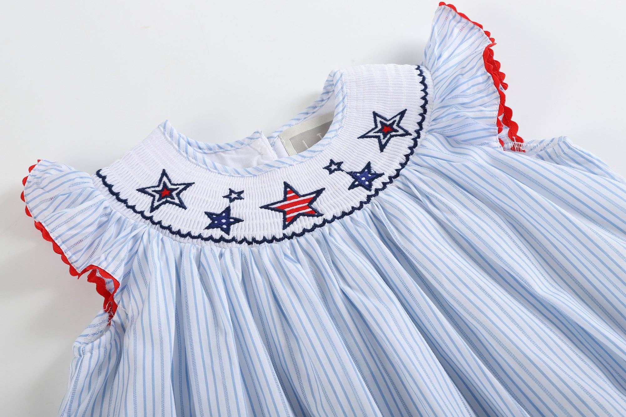 Blue Striped 4th of July Stars Smocked Bishop Dress
