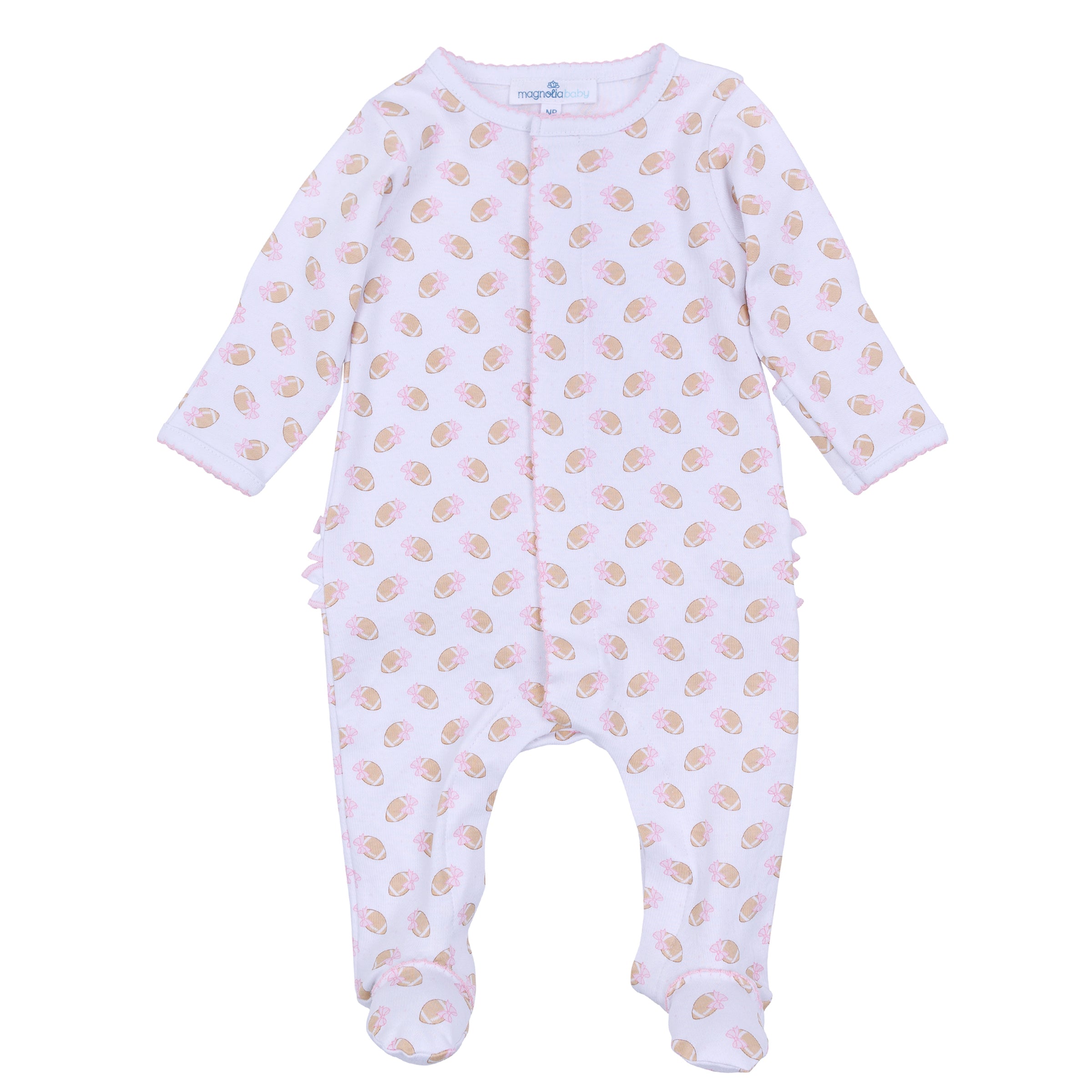 Touchdown Cutie Print Ruffle Zip Footie- Pink