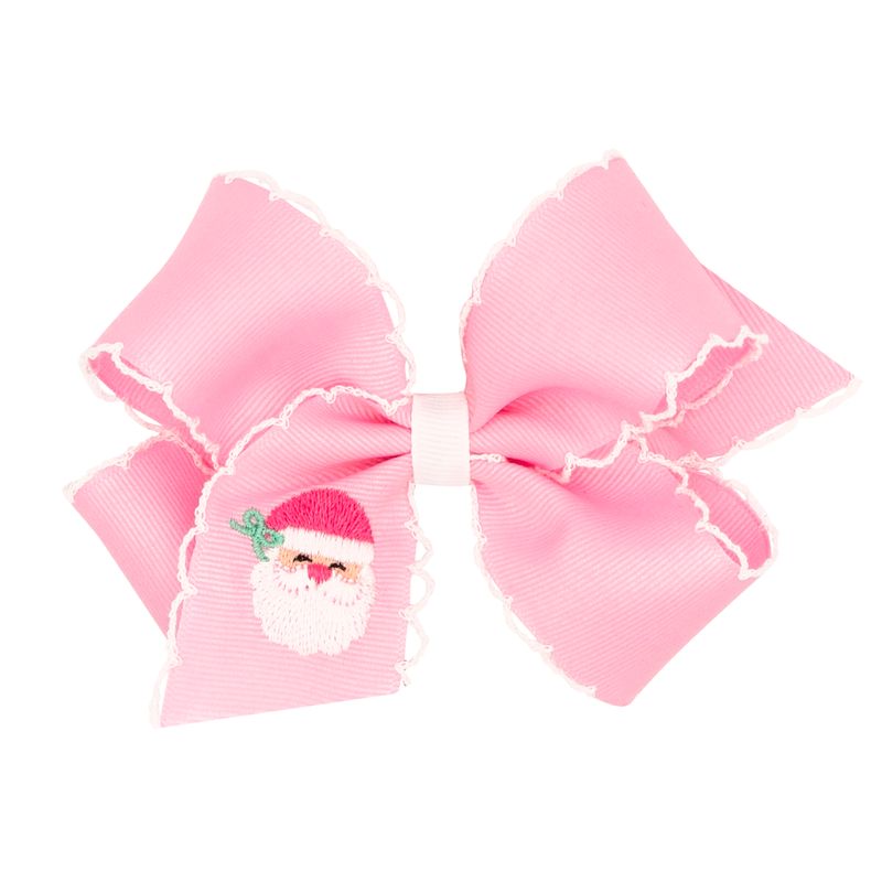Medium Grosgrain Hair Bow with Moonstitch Edge and Pink Santa Embroidery