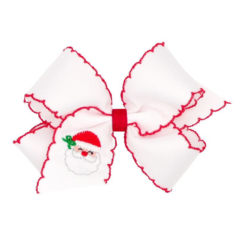 Medium White Grosgrain Hair Bow with Moonstitch Edge and Santa Embroidery
