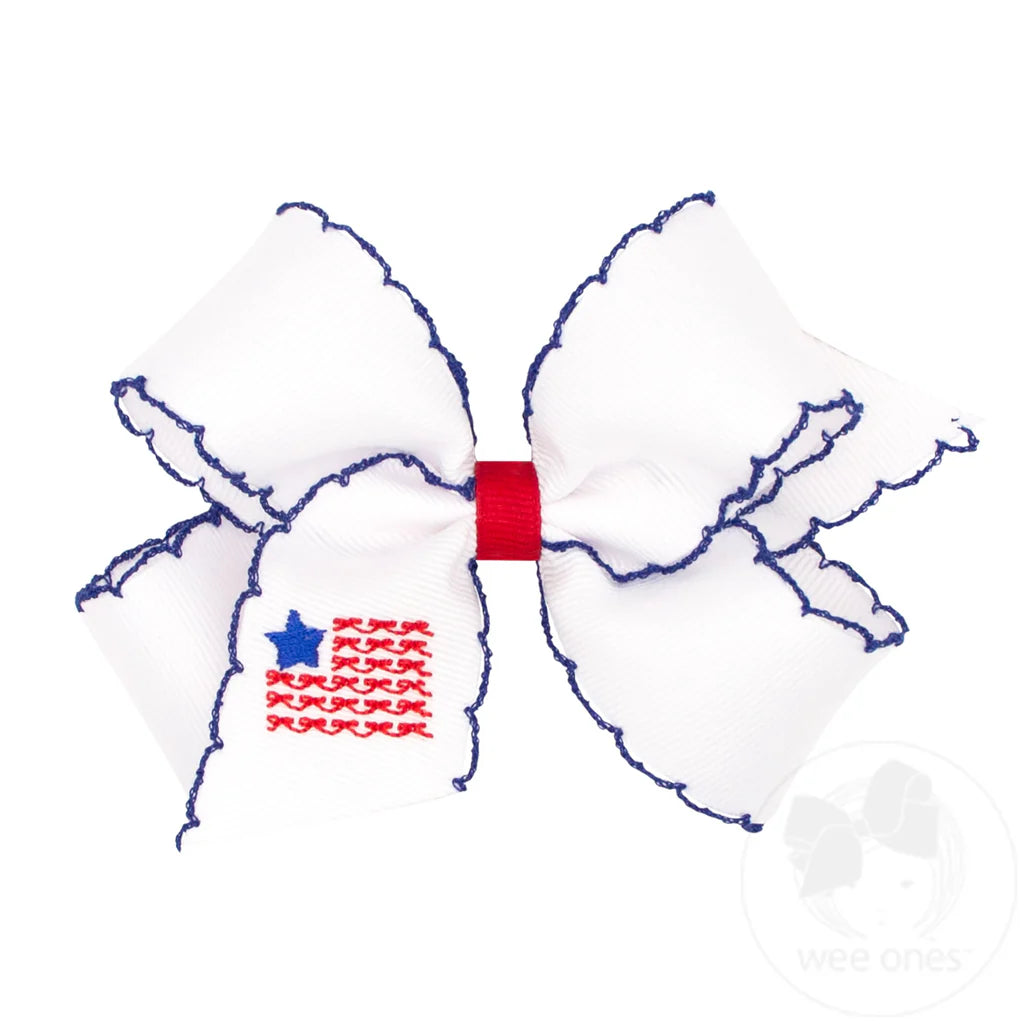 Medium Patriotic Embroidery on Moonstitch Edge Hair Bow