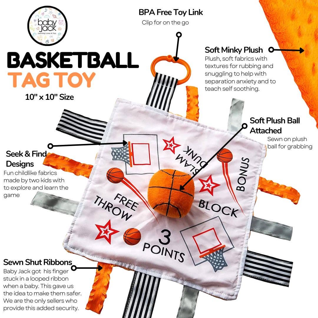 Basketball Baby Learning Lovey Tag Stroller Toy 10" x 10"
