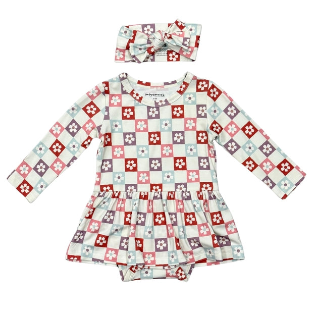 Baby Girl Long Sleeve Bodysuit Dress Set - Wavy Daisy Checkered
