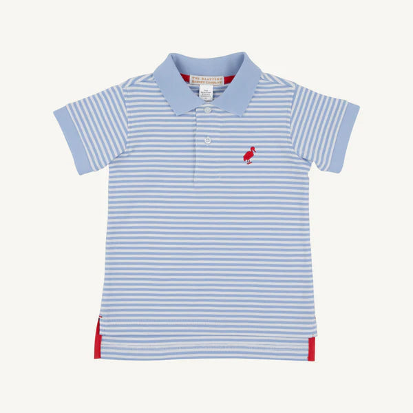 Prim & Proper Polo-Beale Street Blue Stripe with Richmond Red Stork