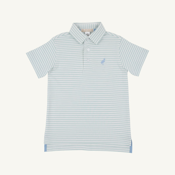 Prim and Proper Polo SS- Old Greenwich Green Stripe with Sarasota Sky Stork