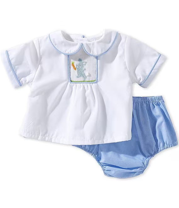 Baby Boys Short Sleeve Peter Pan Collar Bunny Smocked Top & Diaper Set
