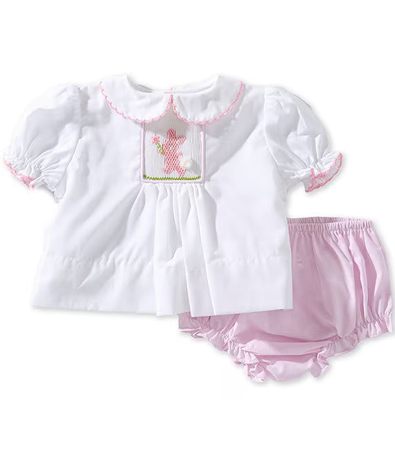 Baby Girls Short Sleeve Peter Pan Collar Bunny Smocked Top & Diaper Set