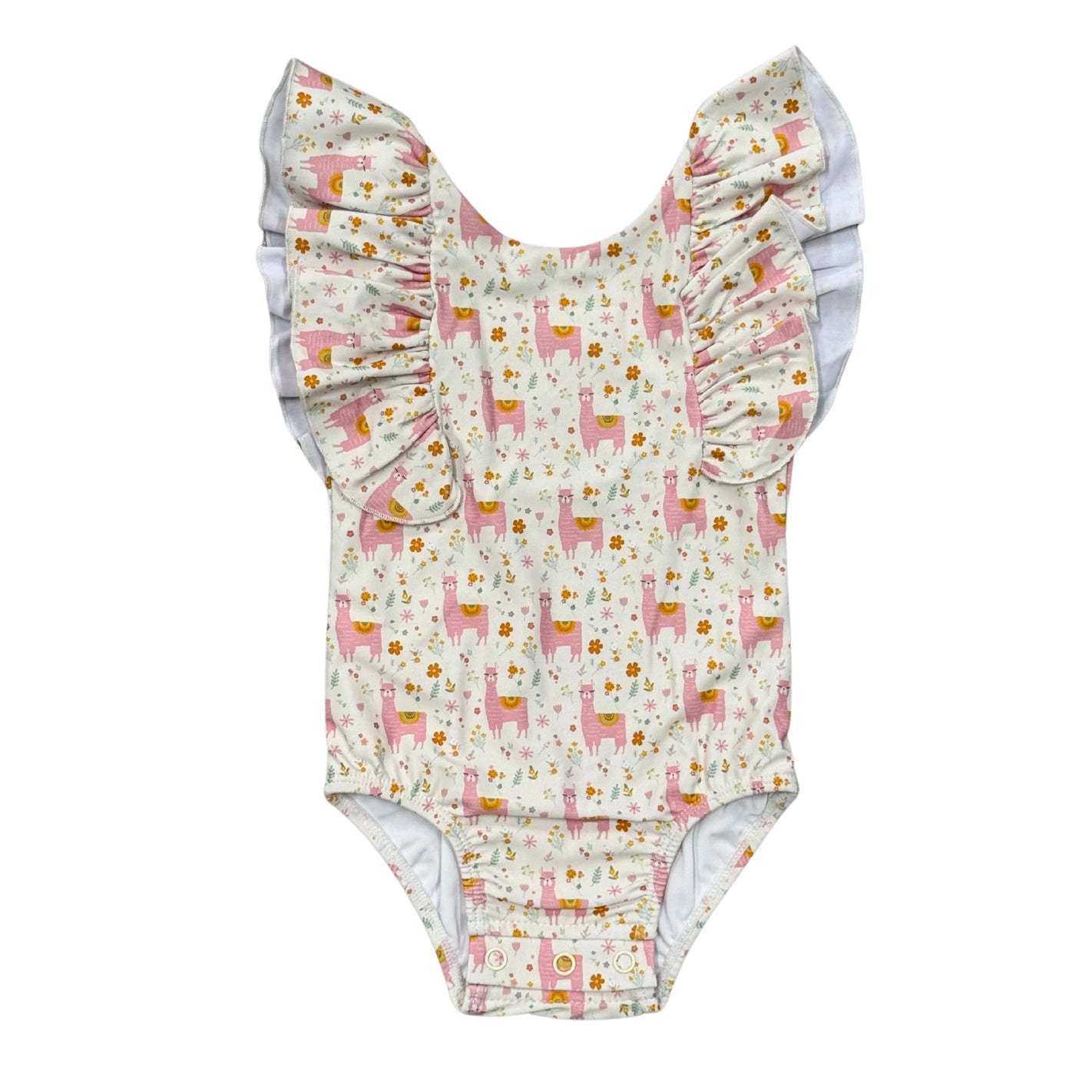 Girl's Ruffle Sleeve Cross Back Swimsuit-Llamas