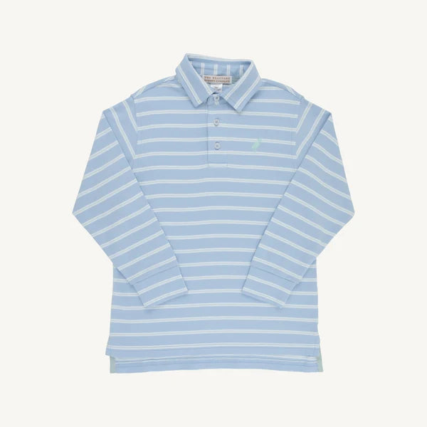 Long Sleeve Prim & Proper Polo-Sarasota Sky, Old Greenwich Green and Worth Avenue White Stripe