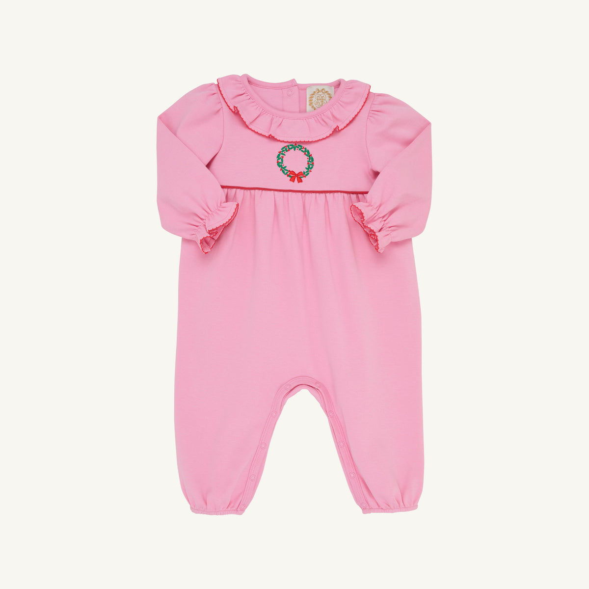 Long Sleeve Ramona Ruffle Romper - Hamptons Hot Pink with Wreath Embroidery