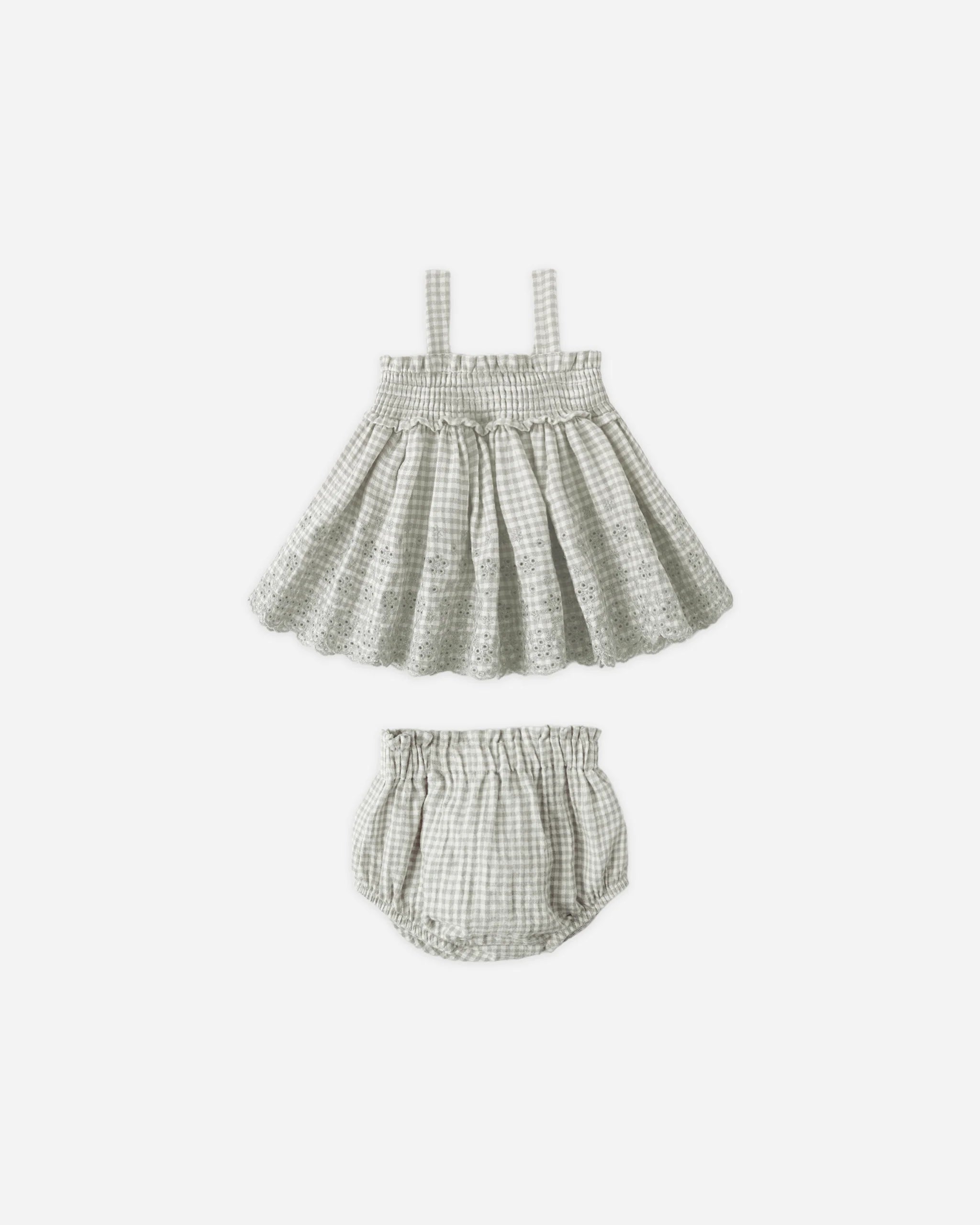Mae Smocked Top + Bloomer Set || Sage Gingham
