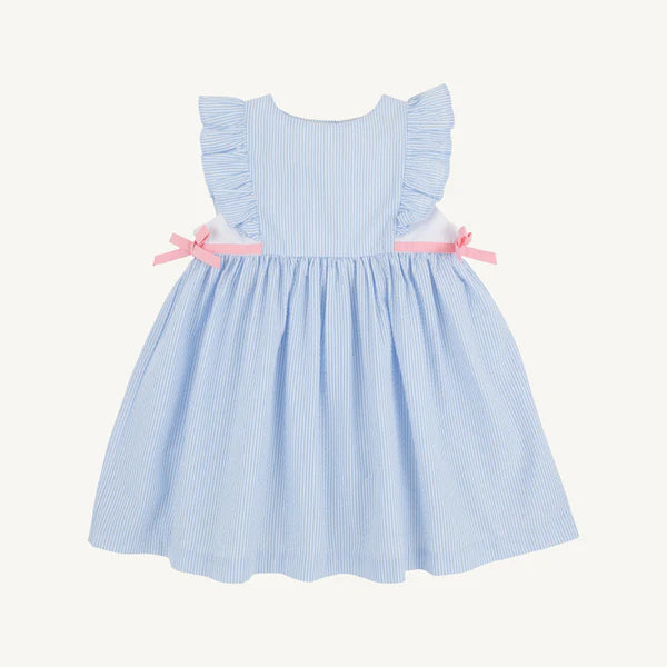 Pammy's Pinafore Dress-Blue Seersucker with Sandpearl Pink