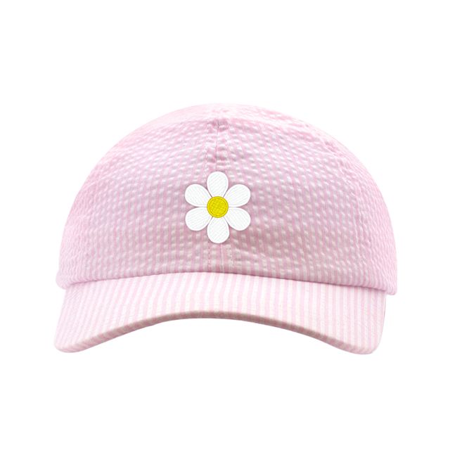 Girls Embroidered Pink Daisy Seersucker Ball Cap