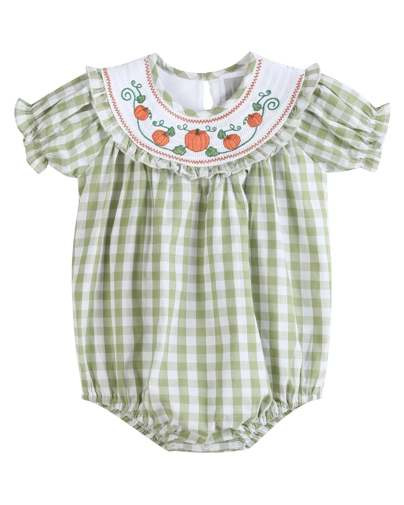 Sage Green Gingham Pumpkin Smocked Romper