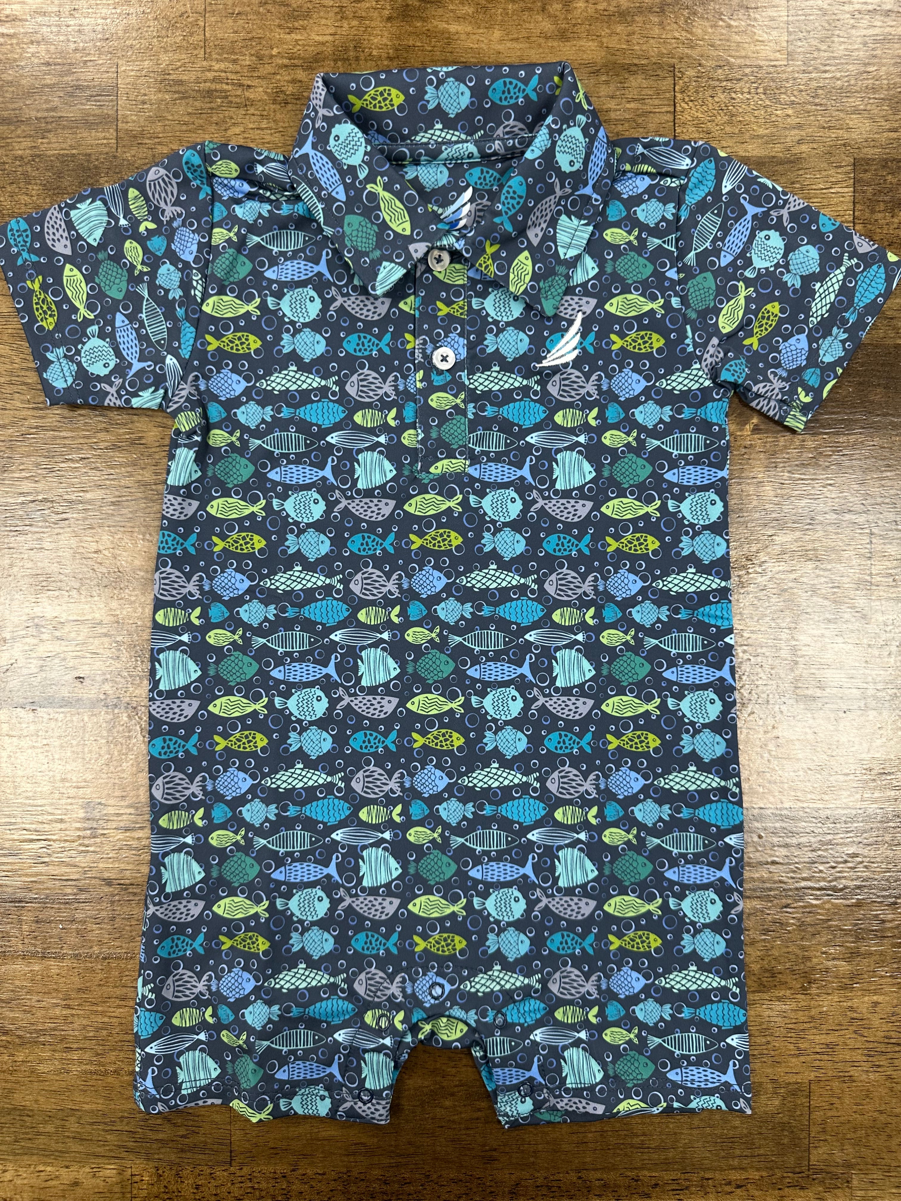 Banks-Performance Blue Fish Print Polo Romper