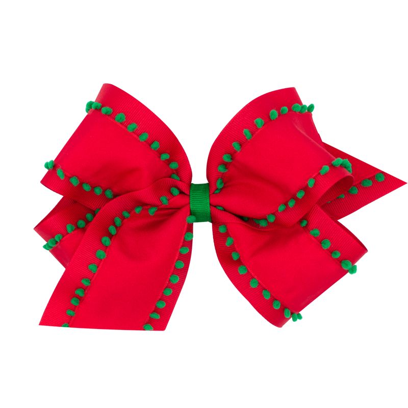 King Holiday Style Pom-Pom Edge Grosgrain Overlay Girls Hair Bow