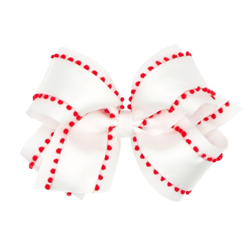 King Holiday Style Pom-Pom Edge Grosgrain Overlay Girls Hair Bow