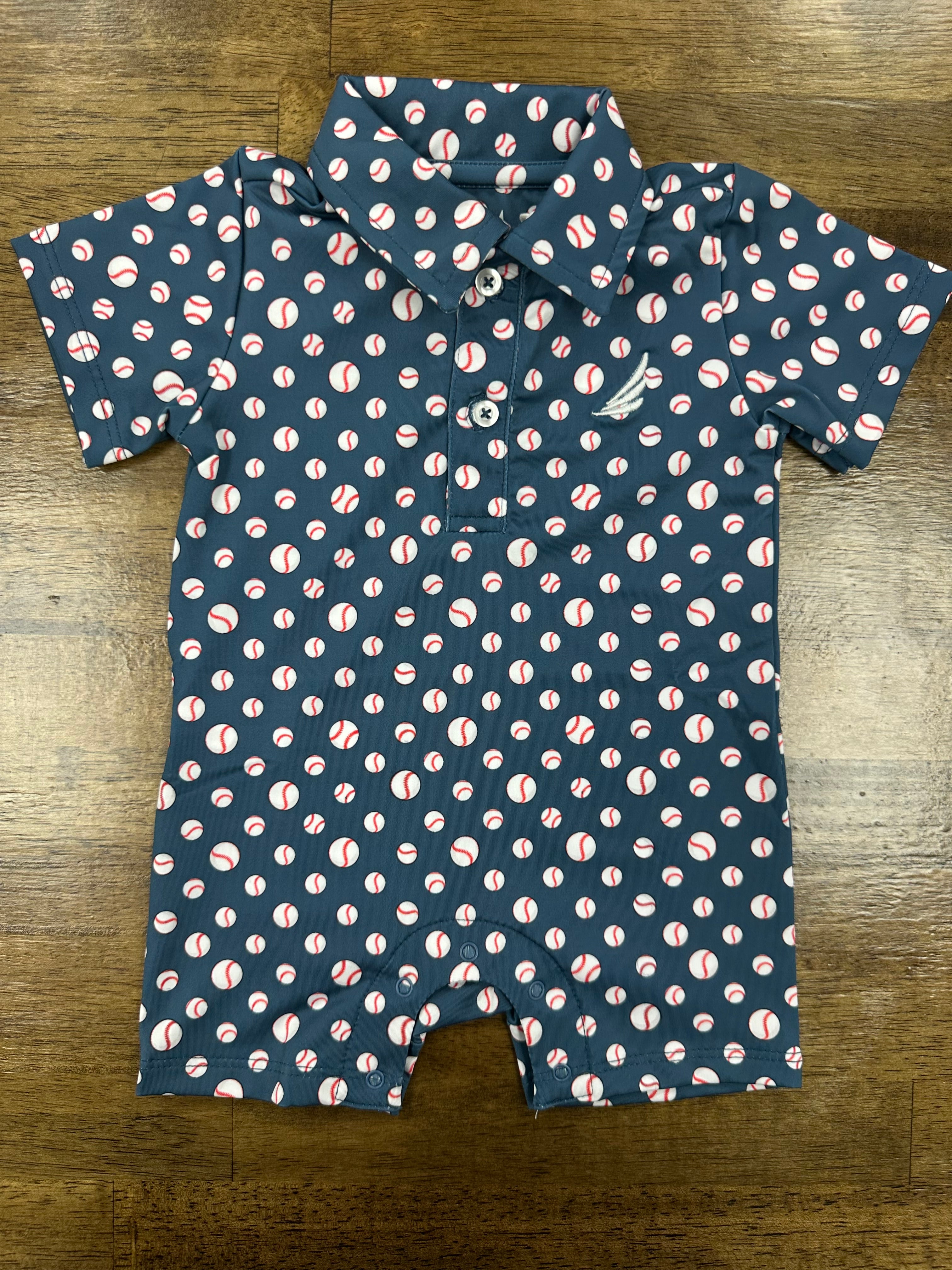 Banks-Performance Baseball Print Polo Romper