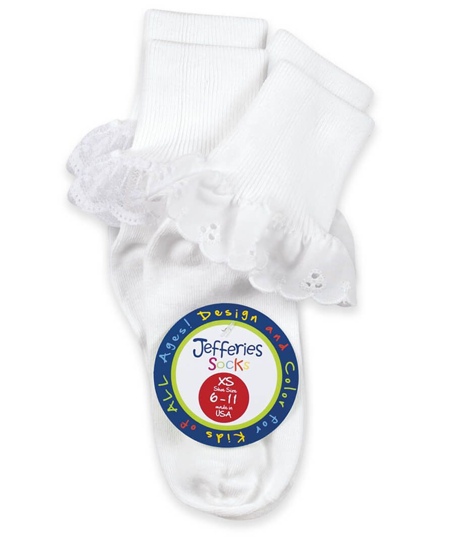 Jefferies Socks Sisters Eyelet and Fancy Lace Turn Cuff Socks 2 Pair Pack