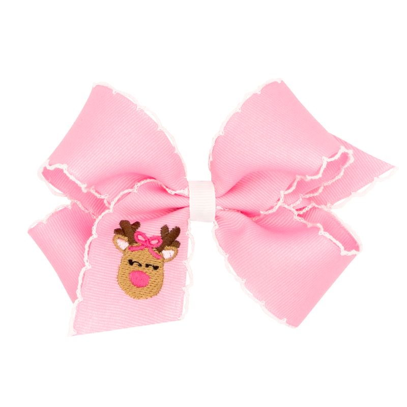 Medium Grosgrain Hair Bow with Moonstitch Edge and Pink Reindeer Embroidery