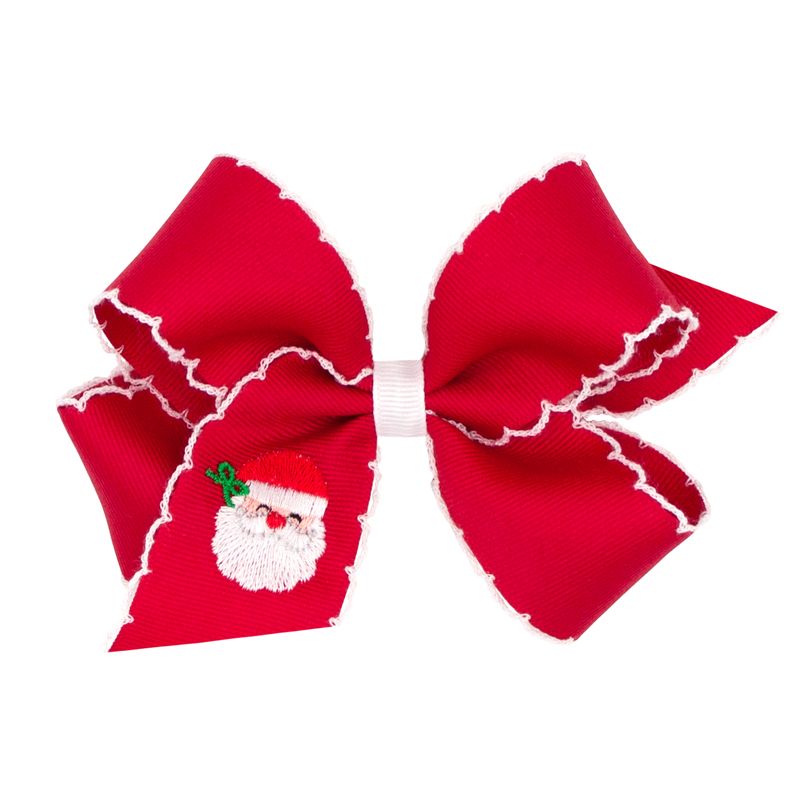 Medium Red Grosgrain Hair Bow with Moonstitch Edge and Santa Embroidery