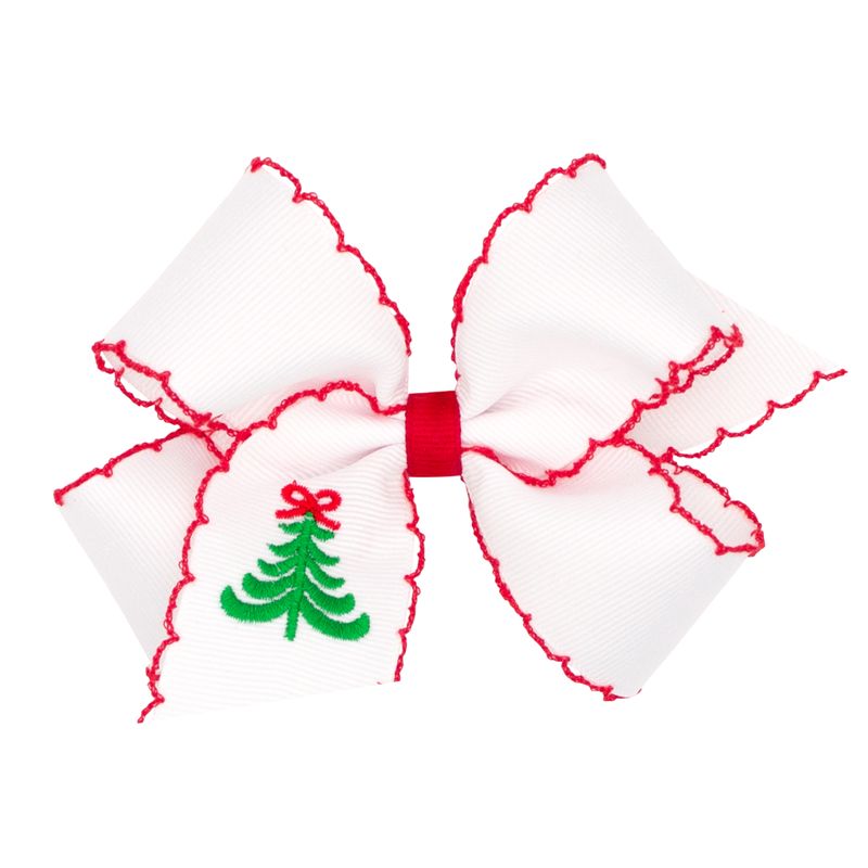 Medium Grosgrain Hair Bow with Moonstitch Edge and Christmas Tree Embroidery