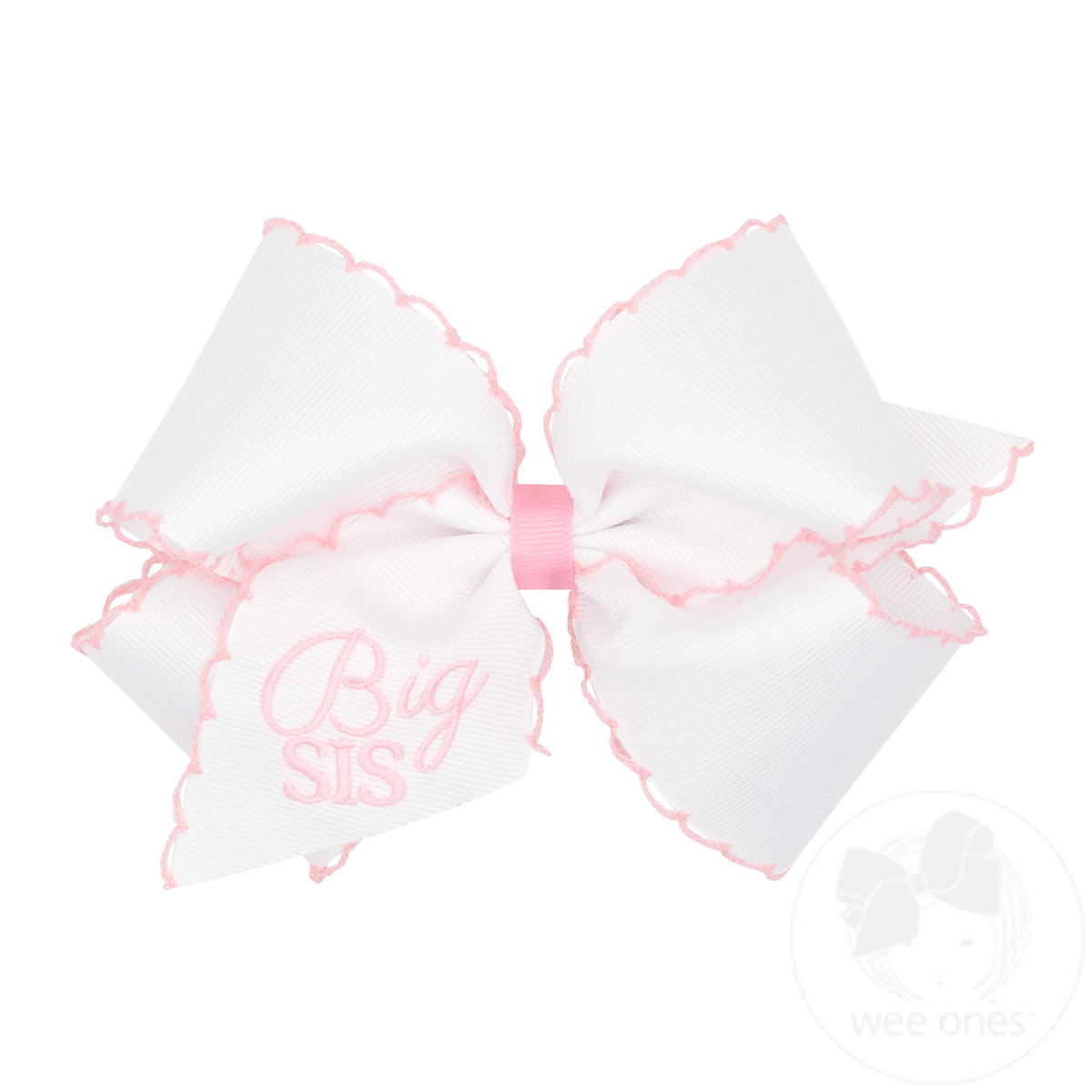 King Grosgrain Hair Bow with Light Pink Moonstitch Edge and Big Sis Embroidery