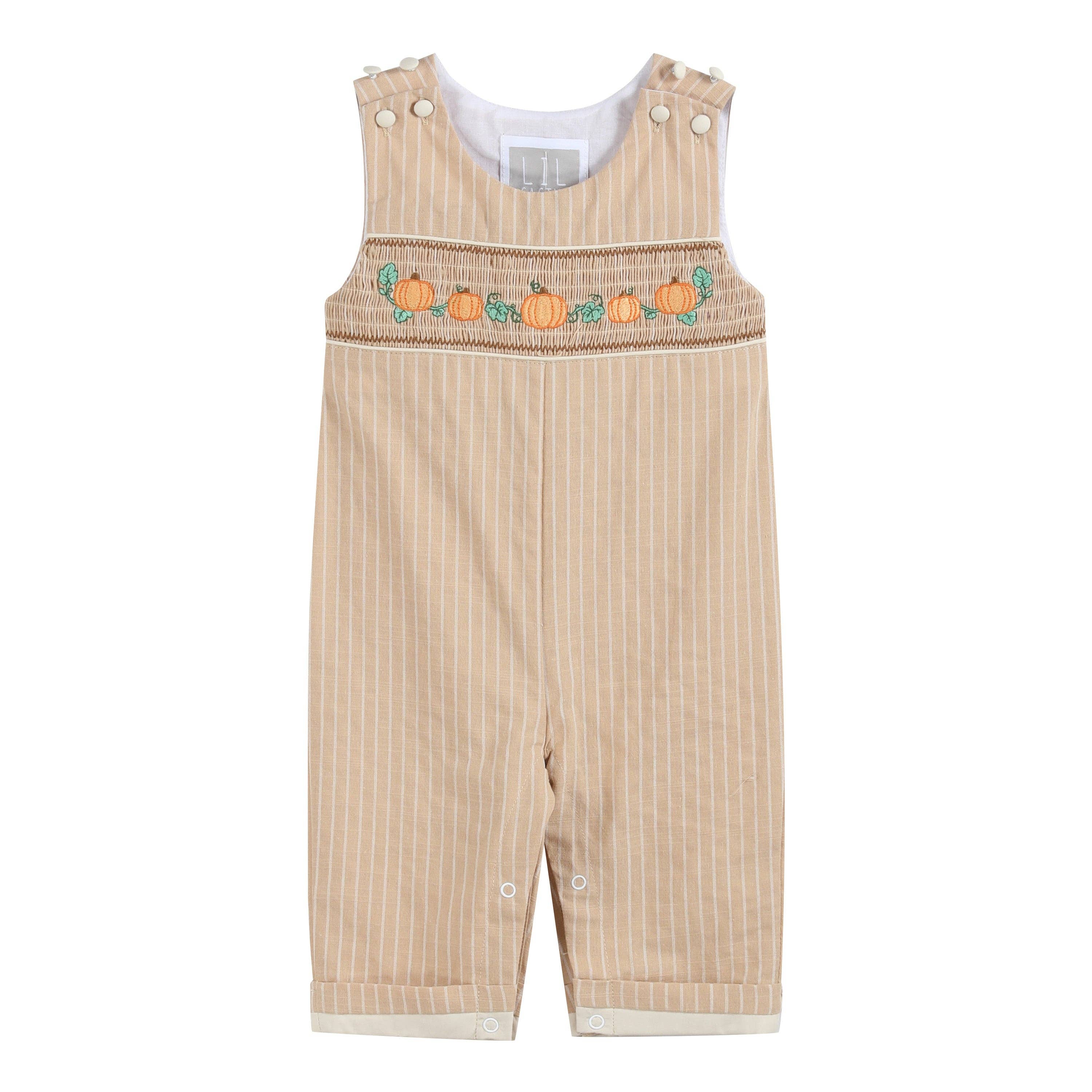 Light Brown Pinstripe Pumpkin Smocked Overalls