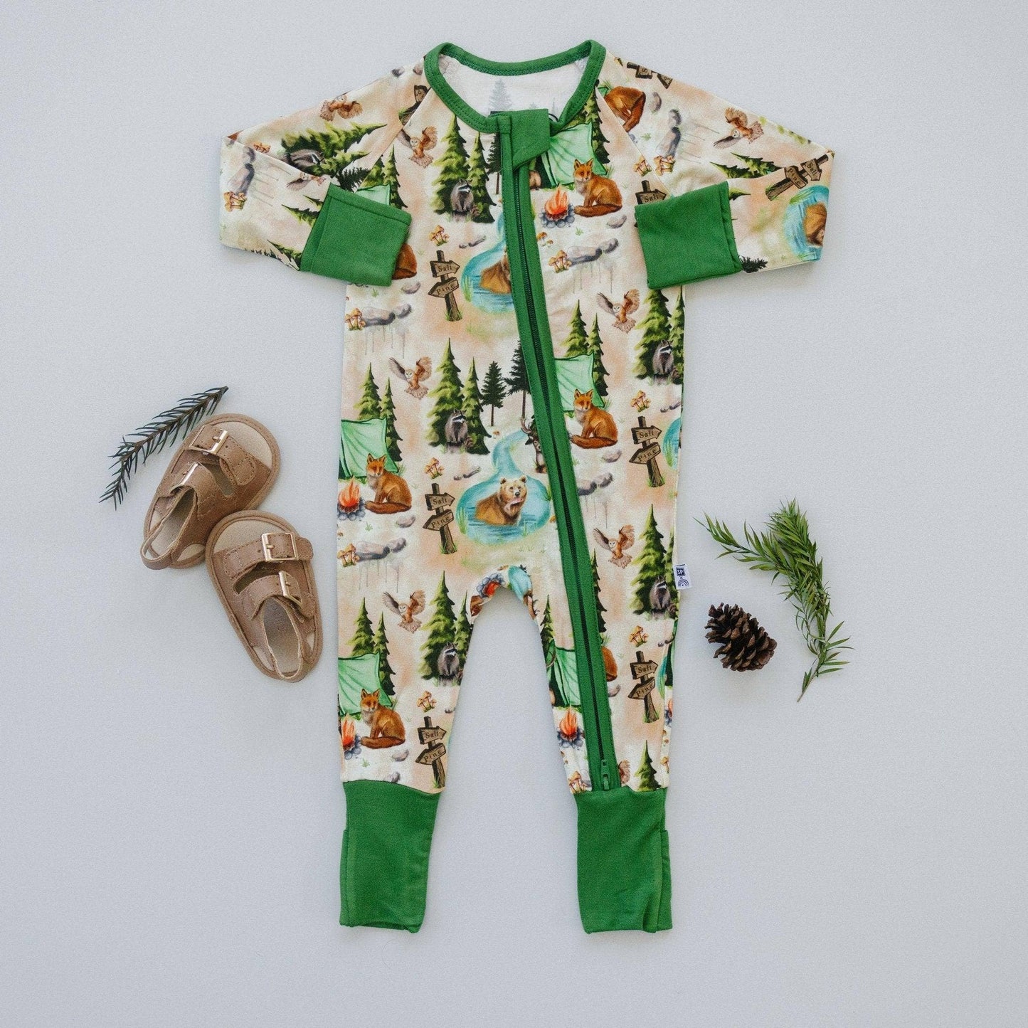 Camping Bamboo Zippy Romper Baby Boy Pajamas PJs Woodland