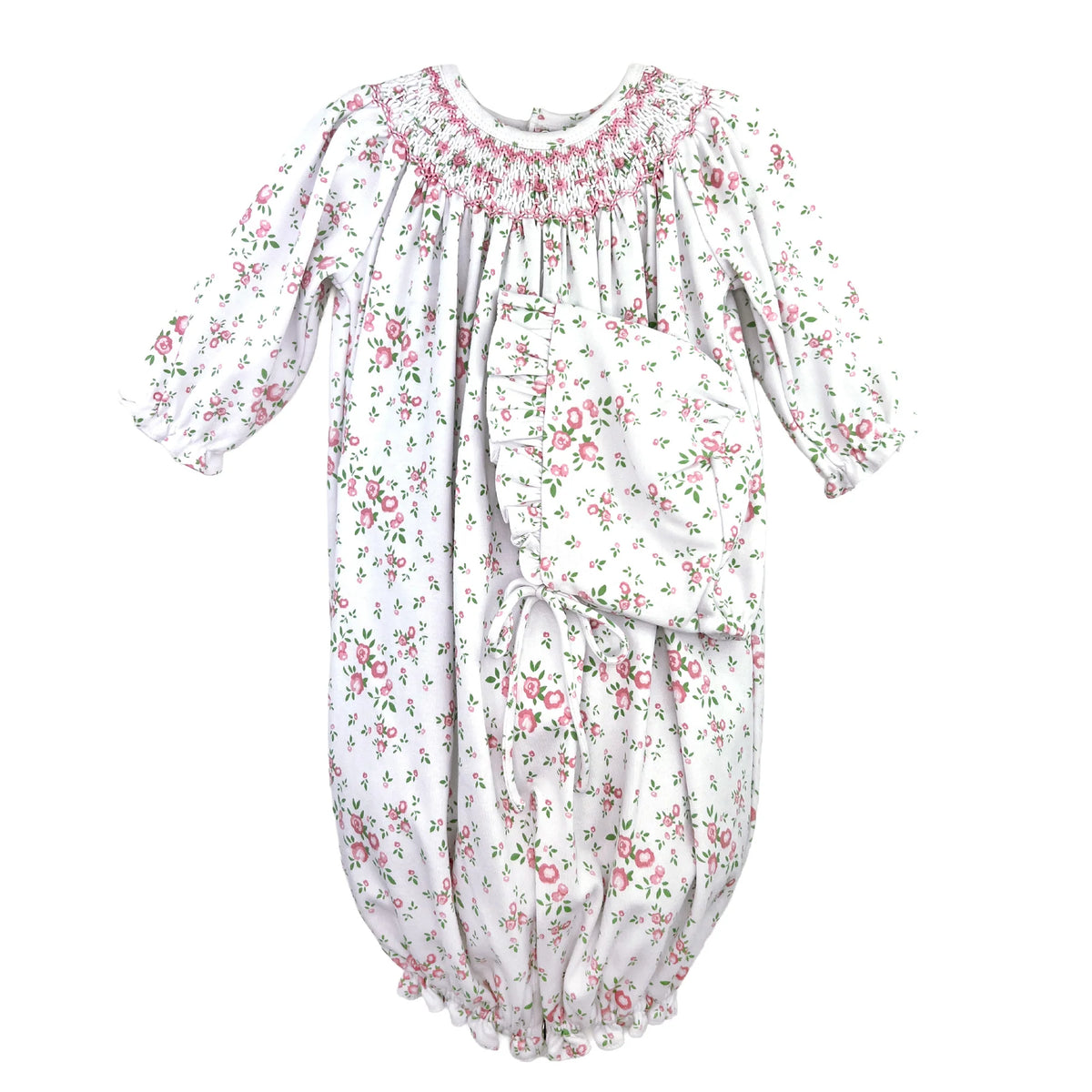 Floral Print Bishop Smocked Bag & Hat