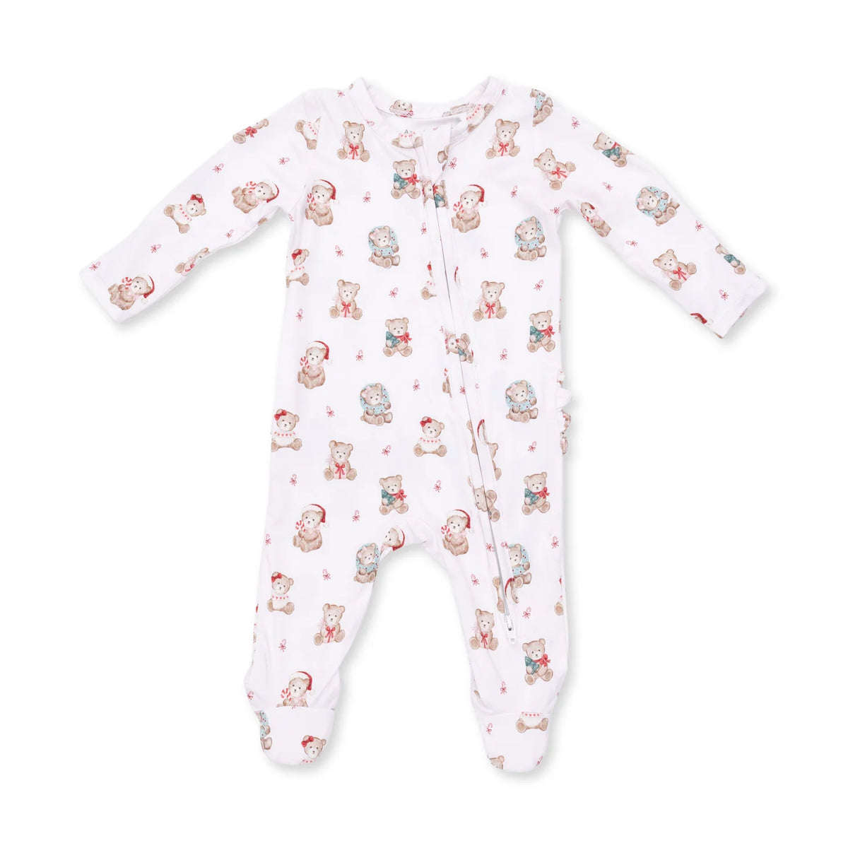 Christmas Teddy Bears Pink - Bamboo Ruffle Back Zipper Footie