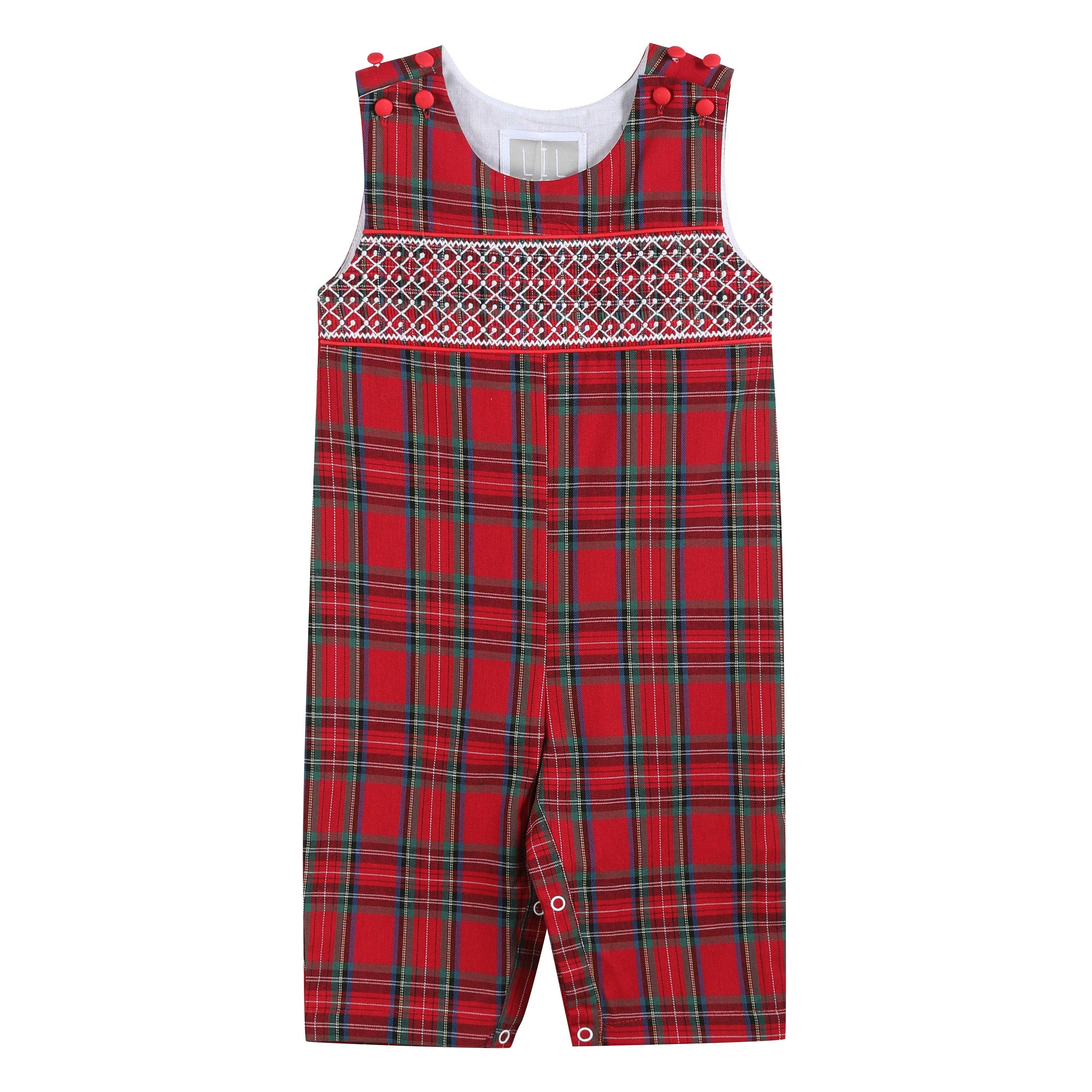Red and Green Christmas Plaid Smocked Overalls