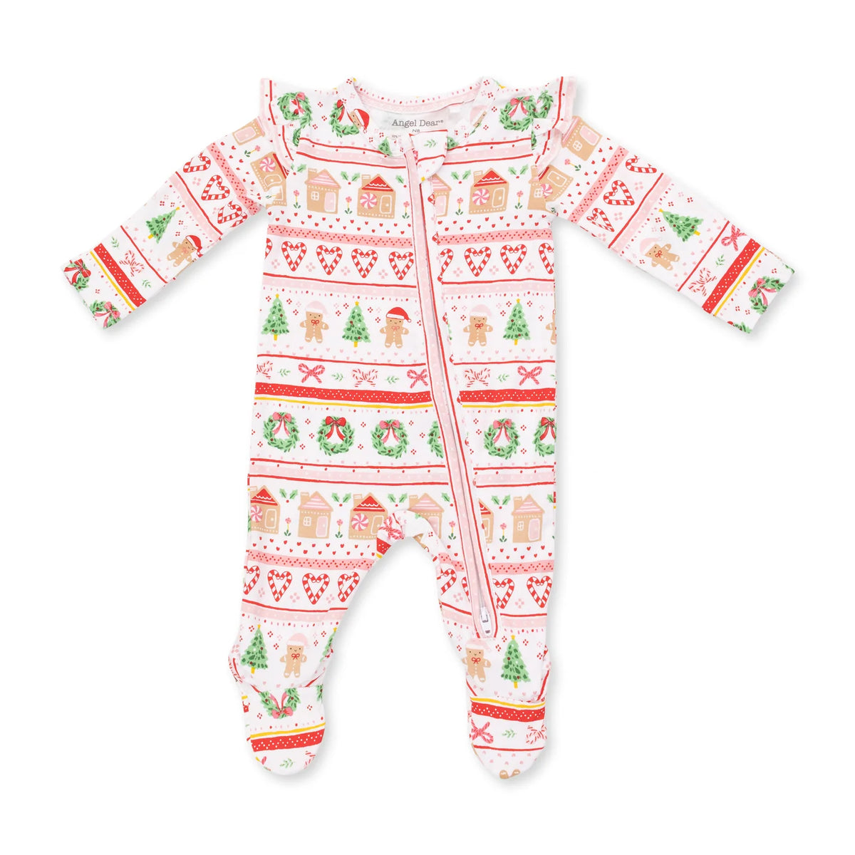 Gingerbread Fair Isle Pink - Bamboo Ruffle Sleeve Zipper Footie