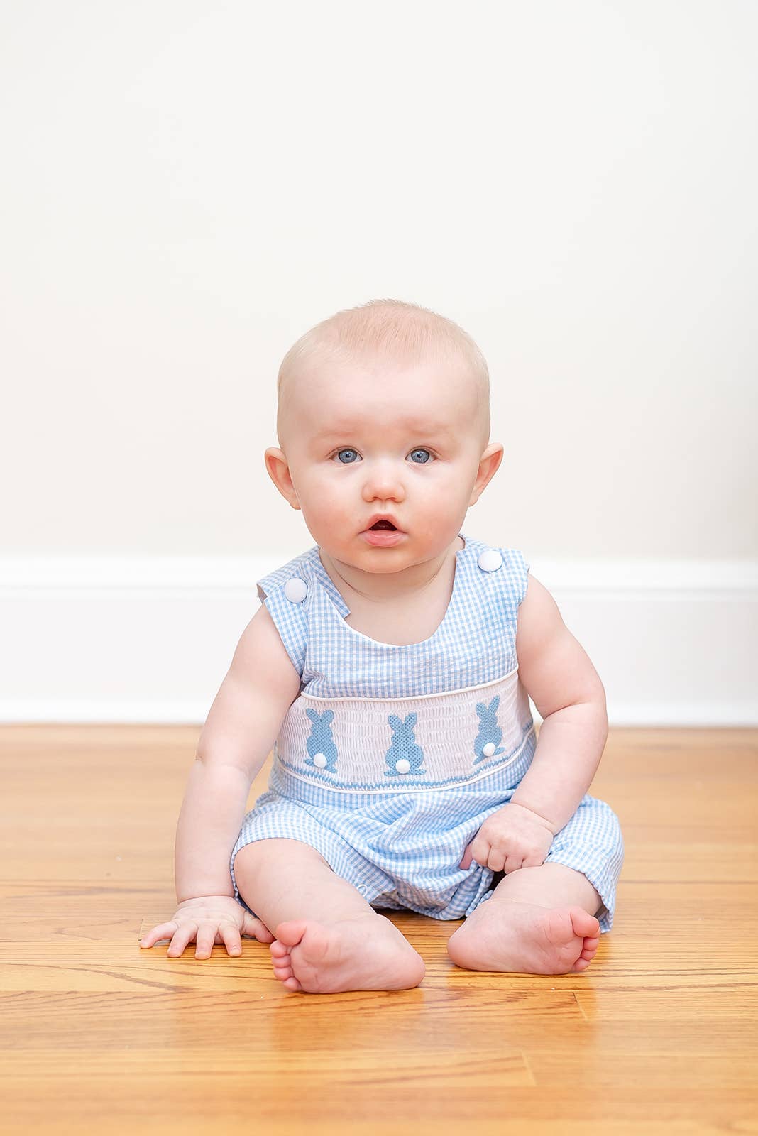 Blue Gingham Easter Bunny Smocked Shortalls