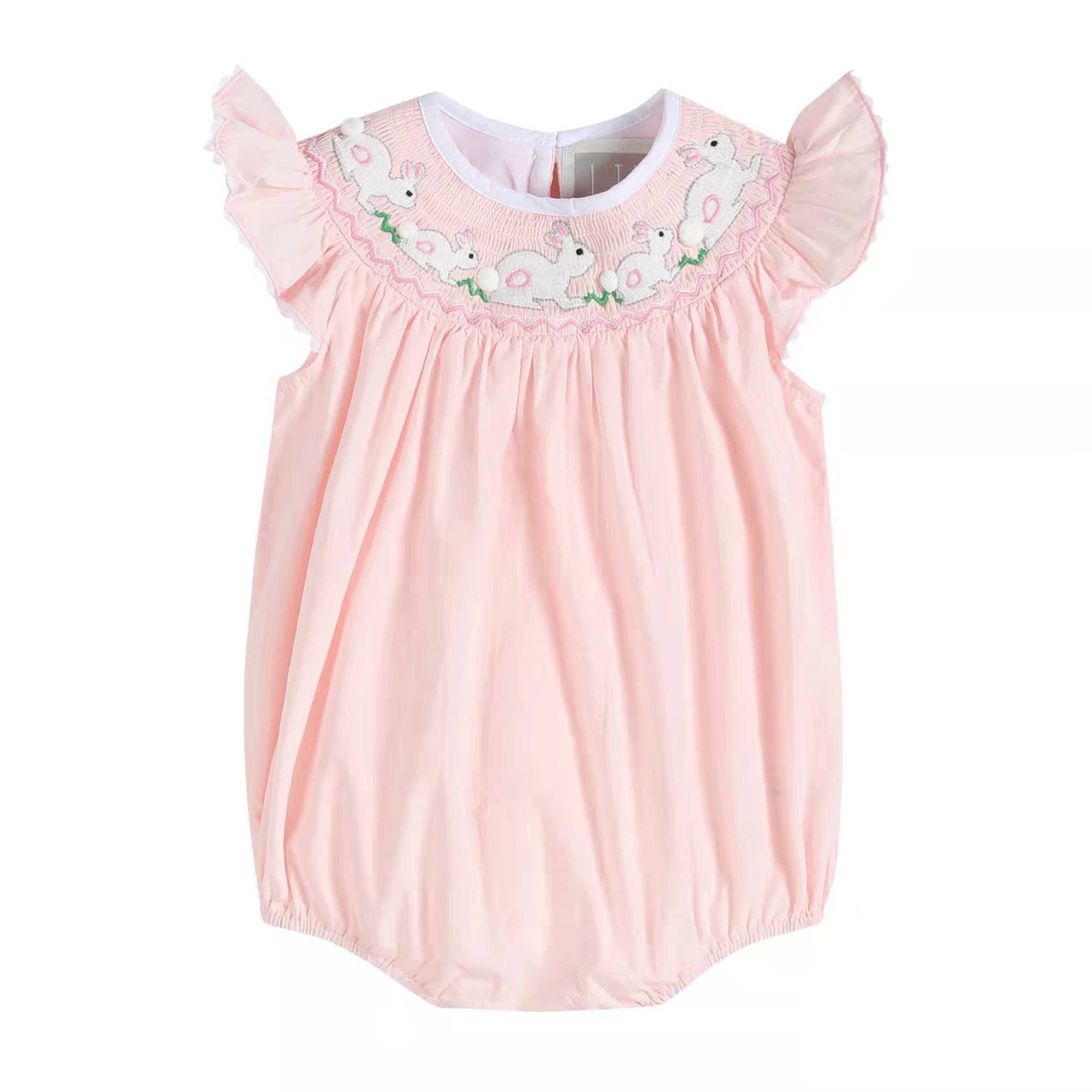 Pink Running Bunnies Smocked Flutter Romper