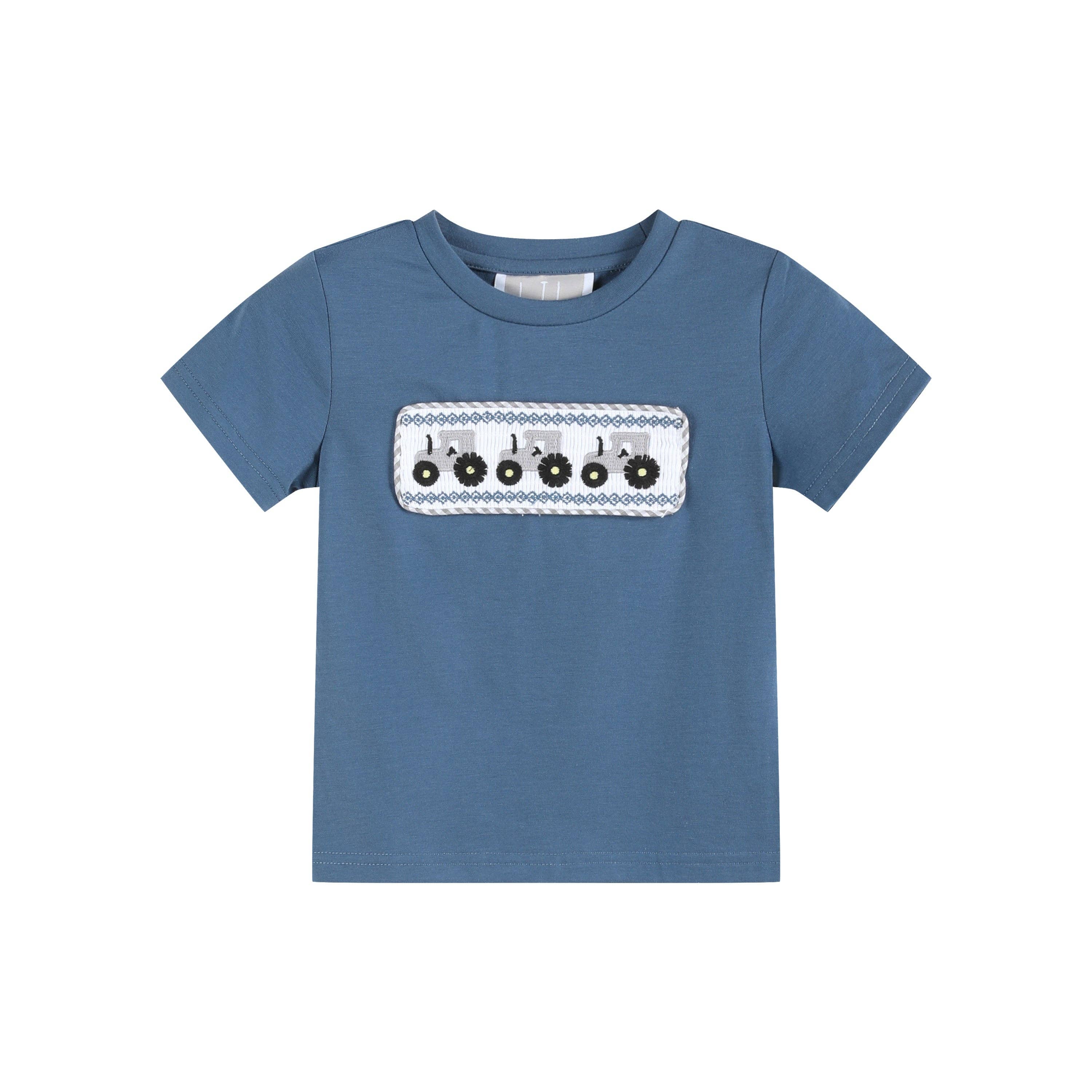 Blue Tractor Smocked Shirt and Gray Shorts Set
