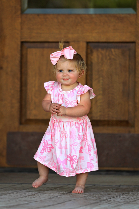 Easter Bow Print Flying Sleeve Girls Dress