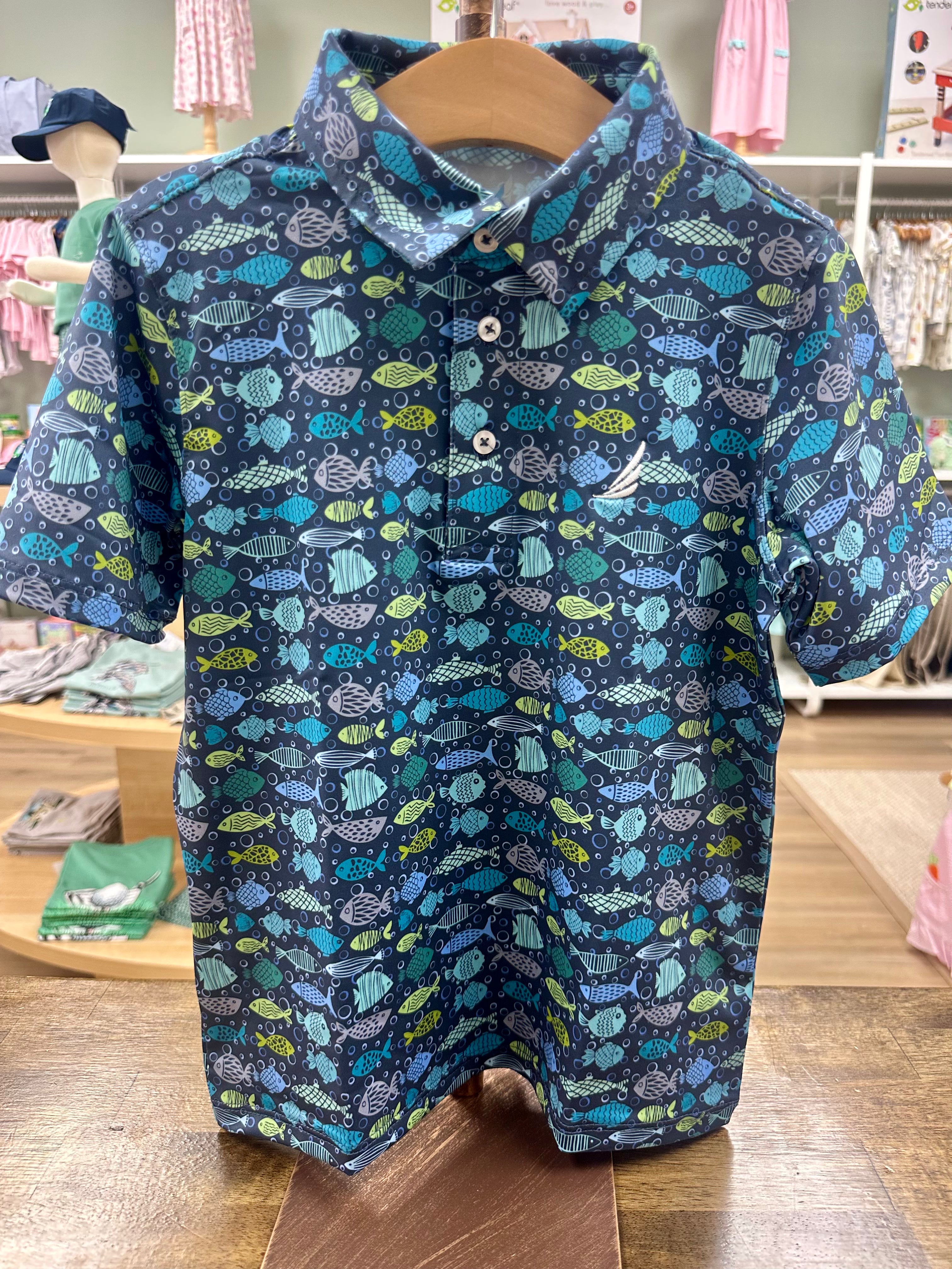 Miles-Blue Fish Print Polo