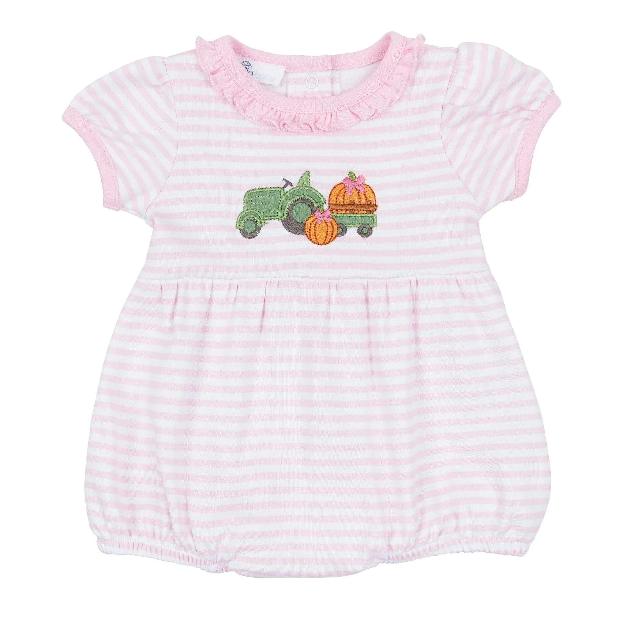 Pumpkin Tractor Applique Pink Ruffle Bubble