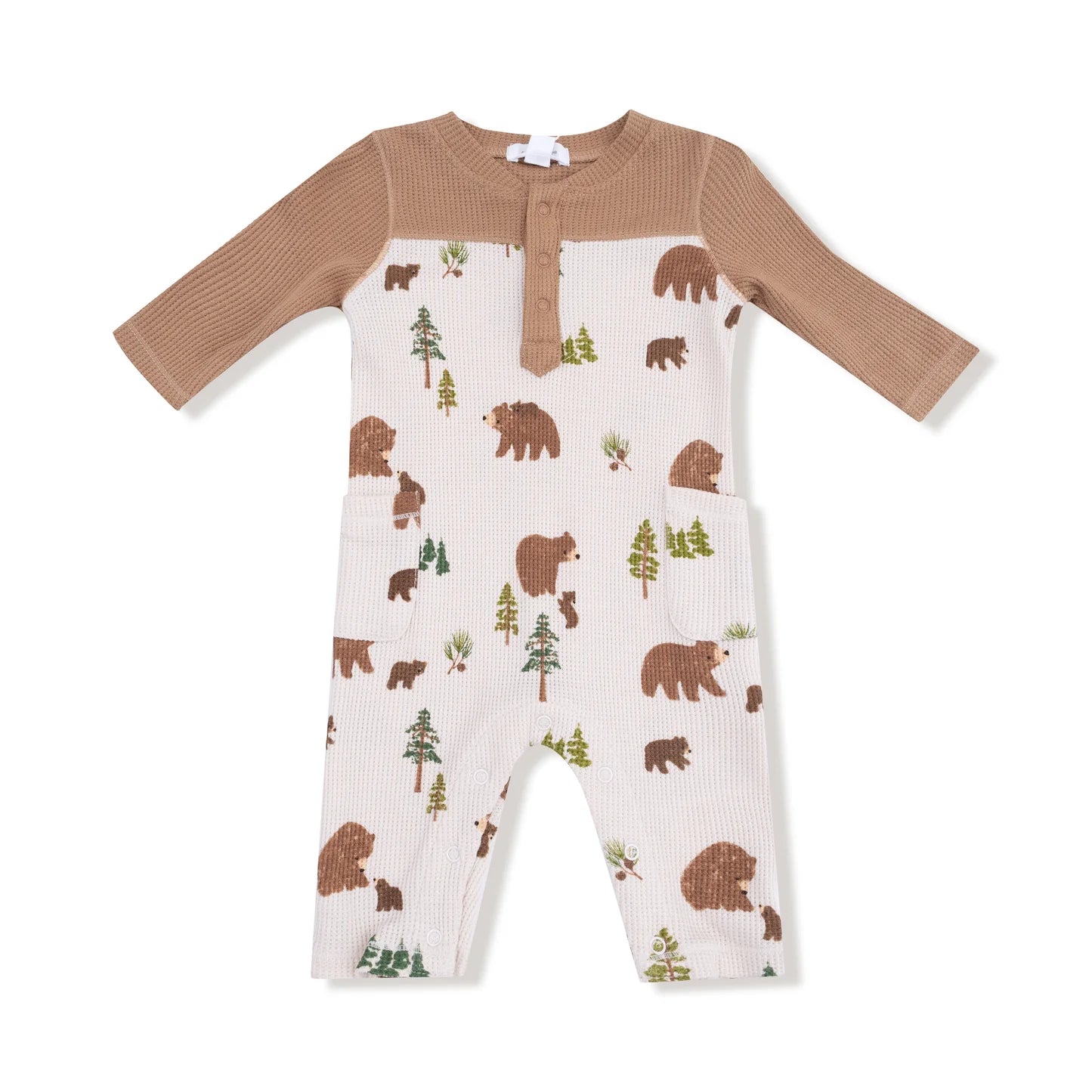 Sweet Brown Bears  Romper with Contrast Sleeves