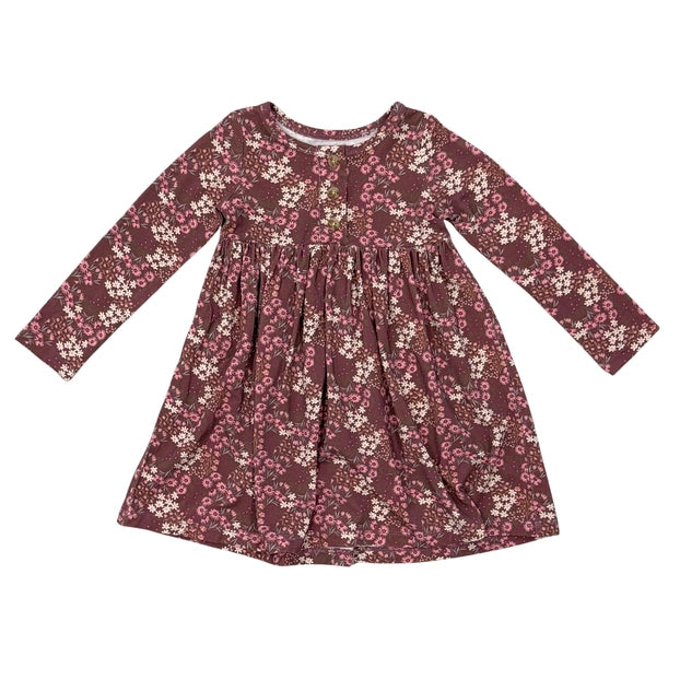 Girl's Long Sleeve Henley Dress - Cluster Garden Floral