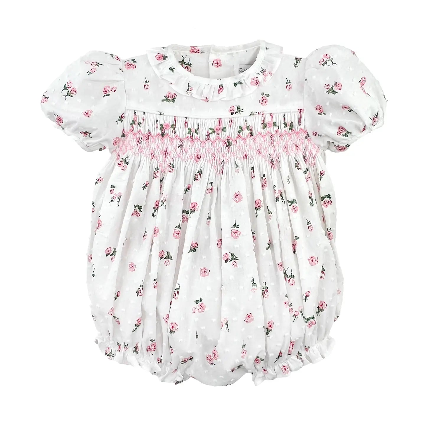 Floral Print Swiss Dot Bubble with Hand Smocking