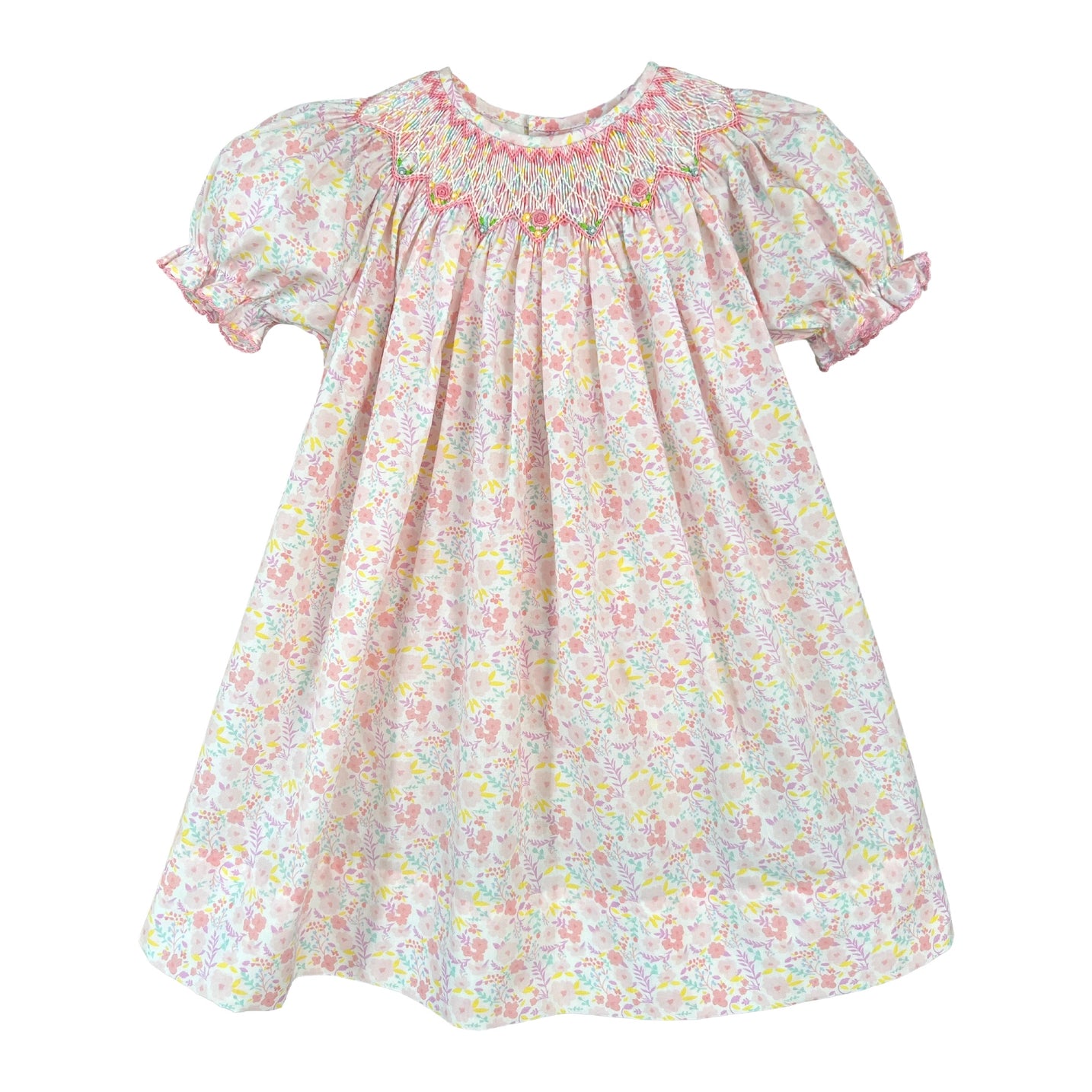 Floral Print Dess with Hand Bishop Smocking
