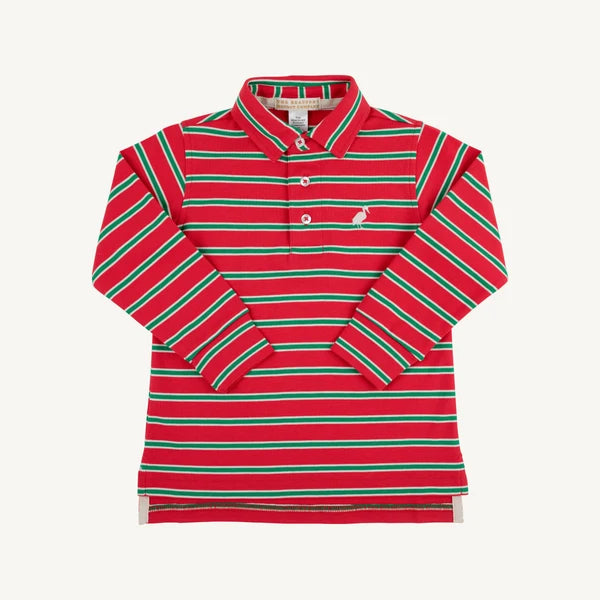Long Sleeve Prim & Proper Polo - Richmond Red, Kiawah Kelly Green and Palmetto Pearl Stripe with Palmetto Pearl