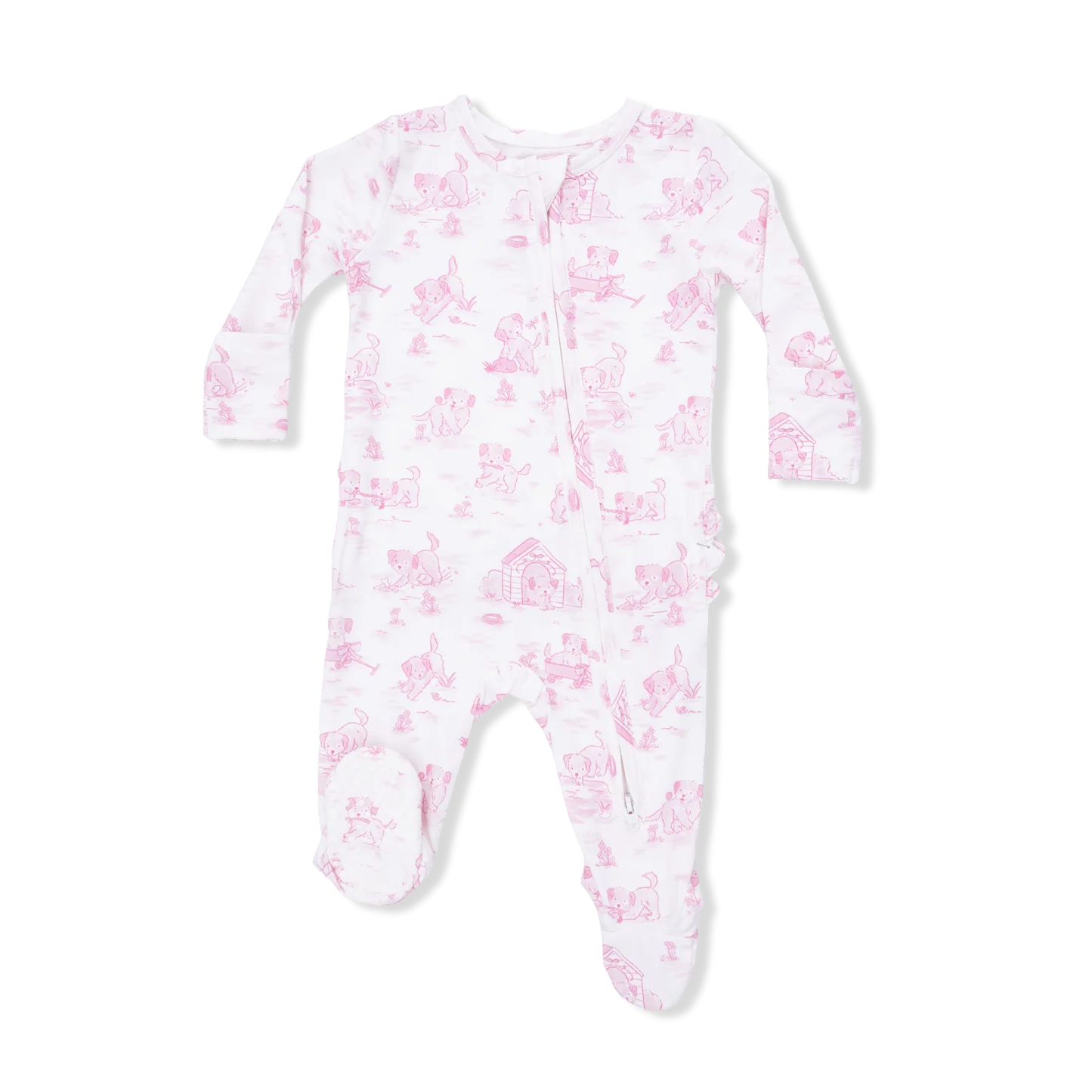 Puppy Toile Pink-2 Way Ruffle Back Zipper Footie