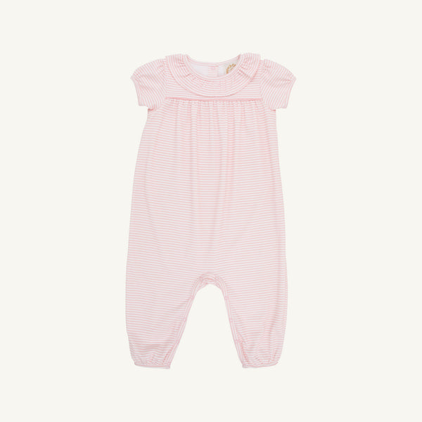 Short Sleeve Ramona Ruffle Romper - Sandpearl Pink Stripe with Sandpearl Pink