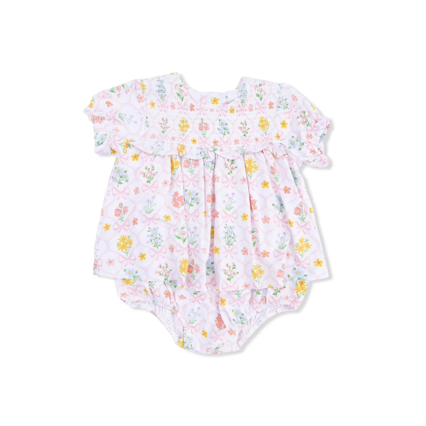 Spring Blooms Bow Trellis-Smocked Ruffle Bubble with Skirt